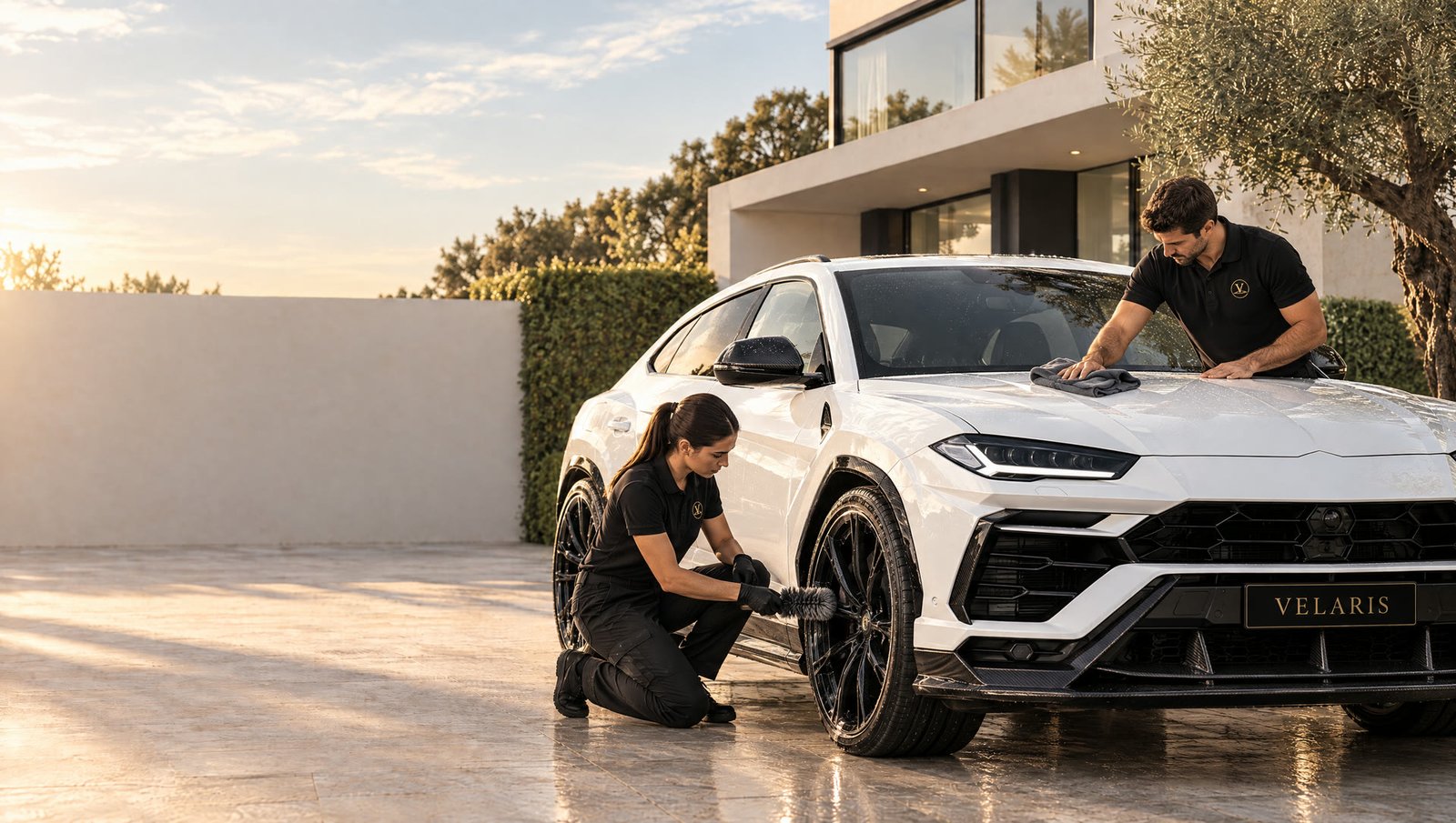El equipo de VELARIS, un detallista y una detallista con el polo negro de la marca, cuida un SUV blanco con matrícula VELARIS en la entrada de una villa, con la luz de la mañana.